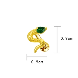 Macro detail of golden snake stud earring with green gemstone drop measuring 0.9cm