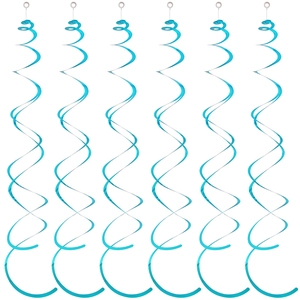 Close-up of six light blue PVC spiral ceiling decorations with white hanging hooks