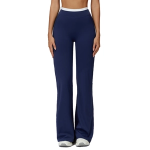 Pantalon de yoga bleu marine à taille haute, contraste blanc et coupe évasée fitness