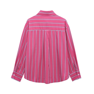 Pink striped long sleeve shirt with lapel collar and pleated details on white background
