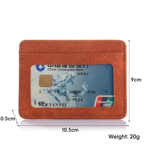 Brown slim PU leather passport holder with dimensions 10.5x9x0.5cm and transparent ID slot