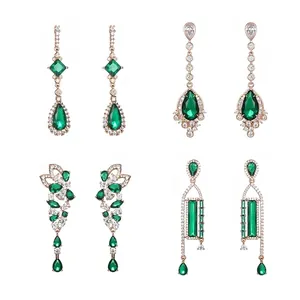 Luxurious Brass Emerald Green Rhinestone Waterdrop Dangle Earrings For Women Elegant Vintage Geometric Long Drop Wedding Jewelry