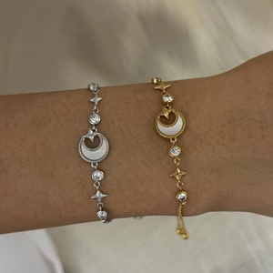 Exquisite sun and moon bracelets in gold and silver finish with zircon and shell inlay