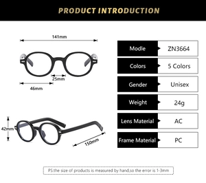 Detailed size specifications for round black frame retro glasses with AC PC lenses