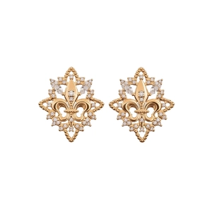 18k gold plated fleur-de-lis stud earrings with sparkling cubic zirconia insets