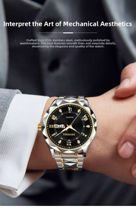 Detailed view of quartz watch with black dial and luminous hands on male wrist