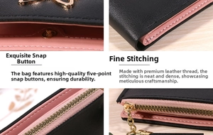 Detail view of black pebble leather wallet featuring pink interior, tassel, and snap closure