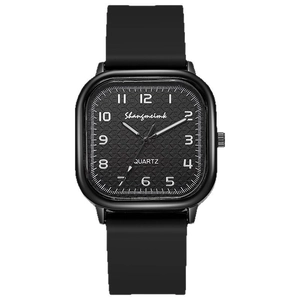 Minimalist square black alloy quartz watch with silicone strap and luminous markers