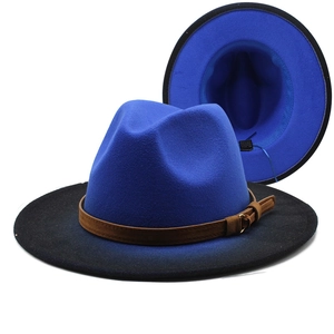Royal blue fedora hat with black gradient brim and brown faux leather buckled belt