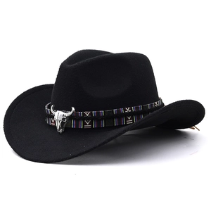 Detail of black felt cowboy hat featuring ethnic woven band and silver bull skull accent