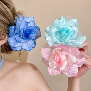 Grande Pince à Cheveux Fleur en Maille de Tissu Fait à la Main Gaze Rose Pince à Bec de Canard Accessoires Cheveux