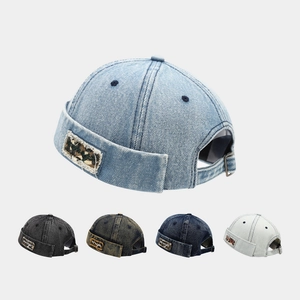 Retro Washed Denim Docker Cap Brimless Hat Adjustable Metal Buckle Embroidery Patch Unisex Japanese Streetwear Miki Hat