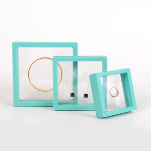 Mint green 3D floating jewelry display box set with transparent PE film and ABS frame