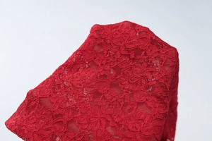 Vue macro détaillée du tissu en dentelle rouge avec motifs floraux et texture ajourée