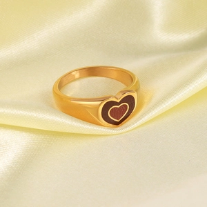 18K gold plated stainless steel heart signet ring with black enamel on silk fabric