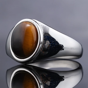 Bague vintage pour hommes en acier inoxydable avec oeil de tigre brun et argent