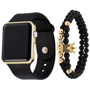 Men's fashion square LED silicone watch and beaded crown bracelet set in black and gold