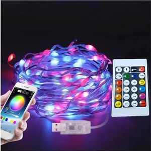 Detailed view of RGB LED strip set with USB controller, remote, and mobile app control