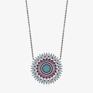 Sunflower Mandala Pendant Necklace 925 Sterling Silver Colorful Cubic Zirconia Evil Eye Style Vintage Bohemian Jewelry Women