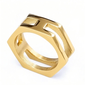 Irregular hexagonal stainless steel ring with hollow H letter design in gold finish