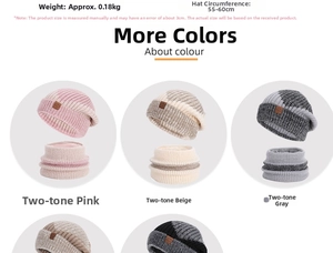 Detail der zweiteiligen Strickmützen- und Schalsets in verschiedenen Farben mit Maßangaben