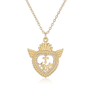 Gold heart MOM necklace with wings, cross, and zircons on a white reflective background
