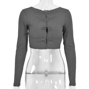 Slim fit dark grey ribbed knit crop top with ruching and hollow-out front details