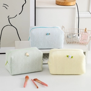 Borsa Trucco Lavorata A Maglia Fiore Rosa Grande Capacità Organizzatore Da Toeletta Portatile Morbido Floreale Trapuntato Viaggio Donne