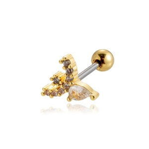Detailed view of a gold butterfly cartilage stud earring with cubic zirconia accents
