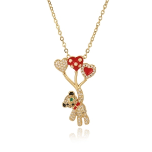 Chic gold teddy bear necklace with heart balloons and micro-pave cubic zirconia stones