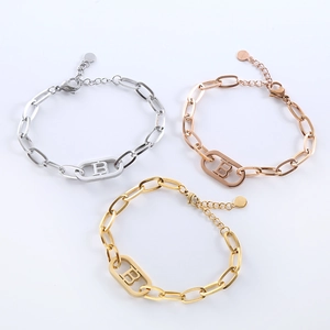 Minimalist B-letter stainless steel bracelets in gold, silver, and rose gold finishes