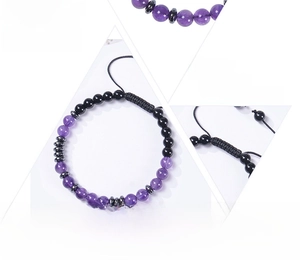 Detail view of Morse Code bracelet with 6mm purple amethyst beads and adjustable cord