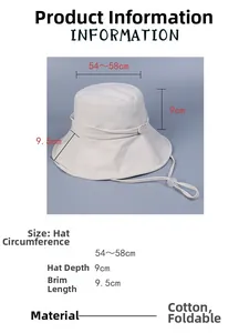 Detailed size chart for cotton sun hat showing brim length and foldable head measurements