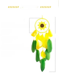 Detailed view of handmade sunflower dreamcatcher with dimensions 17cm ring and 77cm length