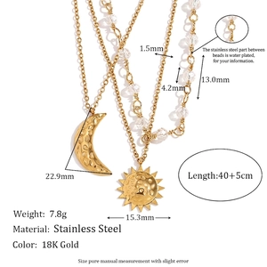 Three-layer stainless steel necklace with 18K gold star moon pendants and beads
