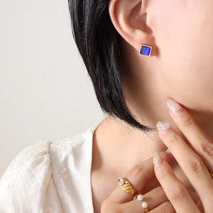 Boucles D'oreilles Carrées Oeil De Tigre Plaquées Or Acier Titane Rétro Gemme Oeil De Chat Bijoux Femmes
