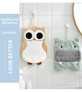 Hanging cute cartoon owl and hippo hand towels in soft thickened coral fleece material