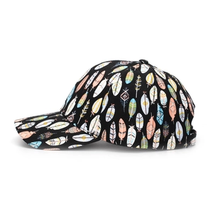 Detailed side view of black baseball cap featuring vibrant bohemian feather print patterns