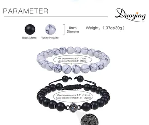 Size chart showing 8mm matte black and white howlite beaded bracelets for couples