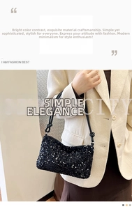 Detail of black sequined shoulder bag featuring a stylish knotted strap and zipper closure