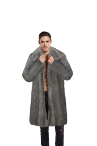 Front view detail of men's long grey faux fur coat showcasing plush texture and premium cut