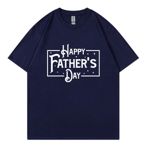 Flat lay of navy blue cotton Father's Day t-shirt with white letter print