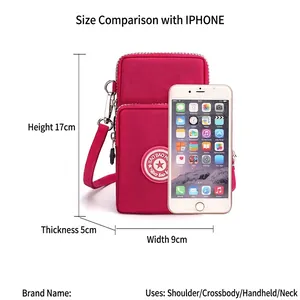 Rose red nylon cross-body phone bag with three zipper compartments and star logo