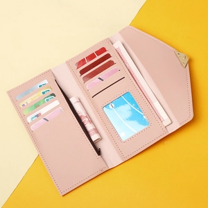 Internal layout of pink tri-fold long wallet with multiple card slots and zipper pocket