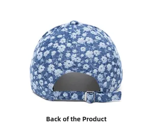 Rear view of floral denim baseball cap with adjustable metal buckle and strap