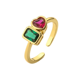 Minimalist gold plated ring featuring red heart and green rectangle zircon stones