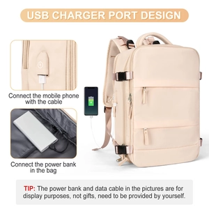 Detail showing the integrated USB charging port design on this large capacity backpack