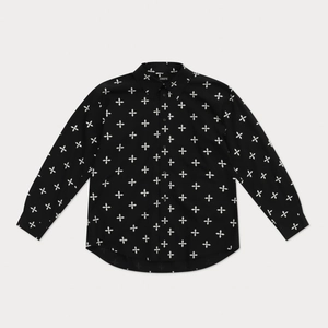 SMFK Black cotton shirt with white cross-star floral print and classic pointed collar