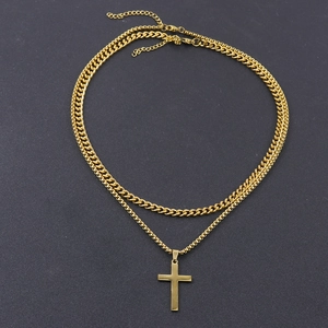 Double-layered gold stainless steel necklace with cuban chain and cross pendant