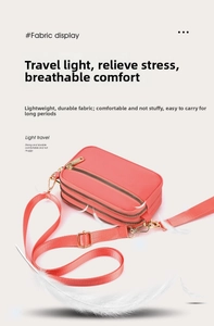 Macro shot of compact crossbody bag with three zipper compartments and gold hardware